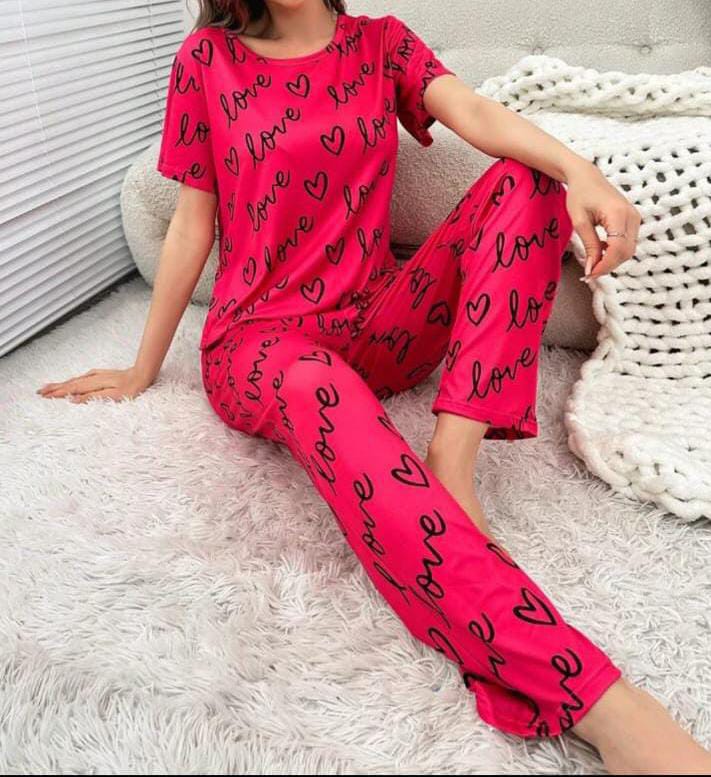 2PC LOVE PRINTED NIGHT SUIT PAJAMA SET