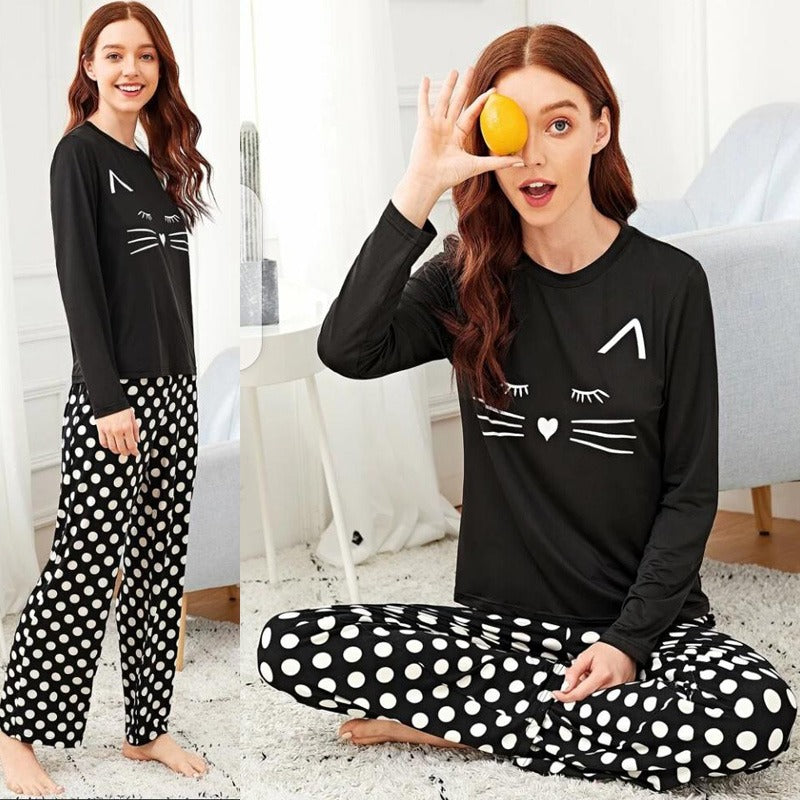 2PC CAT PRINTED BLACK NIGHT SUIT PAJAMA SET