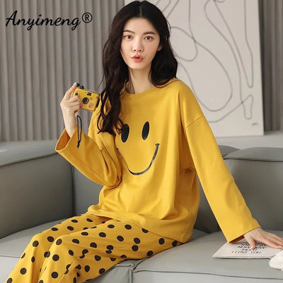 2PC SMILEY PRINTED YELLOW NIGHT SUIT PAJAMA SET