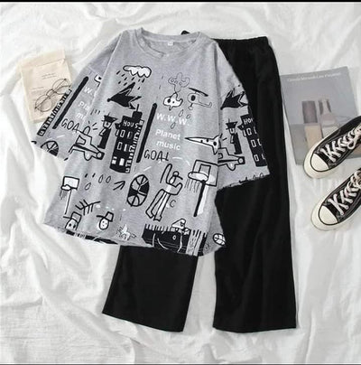 2PC GREY BLACK PRINTED SUIT PAJAMA SET