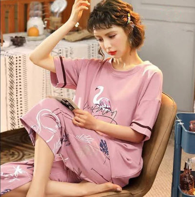 2PC BIRD PRINTED T-PINK NIGHT SUIT PAJAMA SET