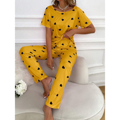 2PC BLACK HEART PRINTED YELLOW NIGHT SUIT PAJAMA SET