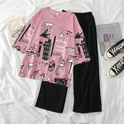 2PC PINK BLACK PRINTED NIGHT SUIT PAJAMA SET