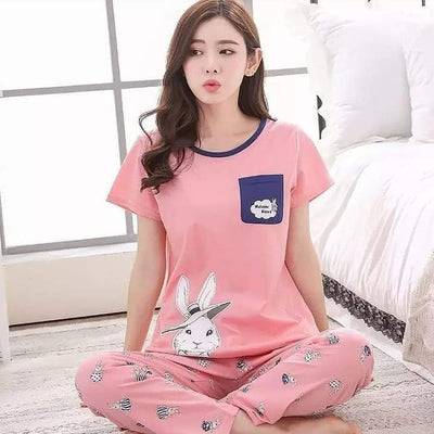 2PC RABBIT PRINTED PINK SUIT PAJAMA SET